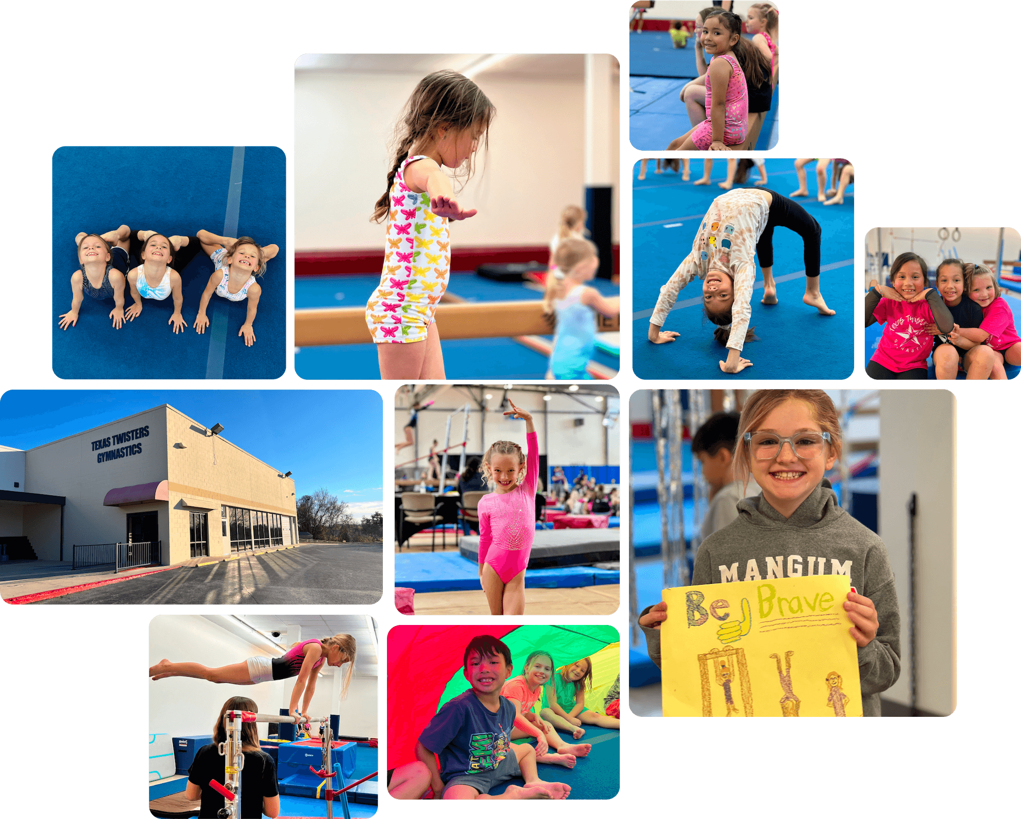 A picture collage of children doing gymnastics at Texas Twisters Gymnastics