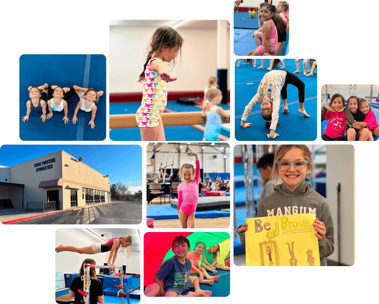 A picture collage of children doing gymnastics at Texas Twisters Gymnastics